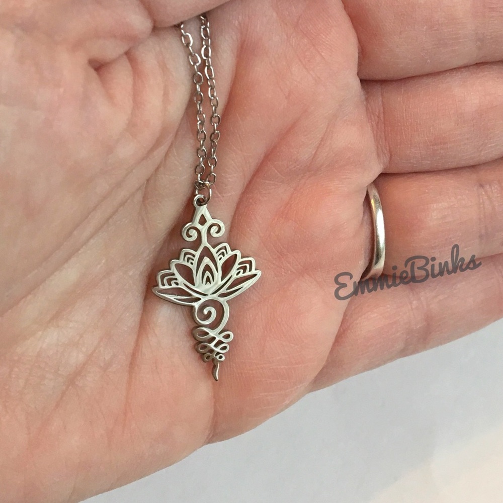 New Unalome Lotus Pendant Necklace Boho Yoga Vibe Flower Gift Necklace